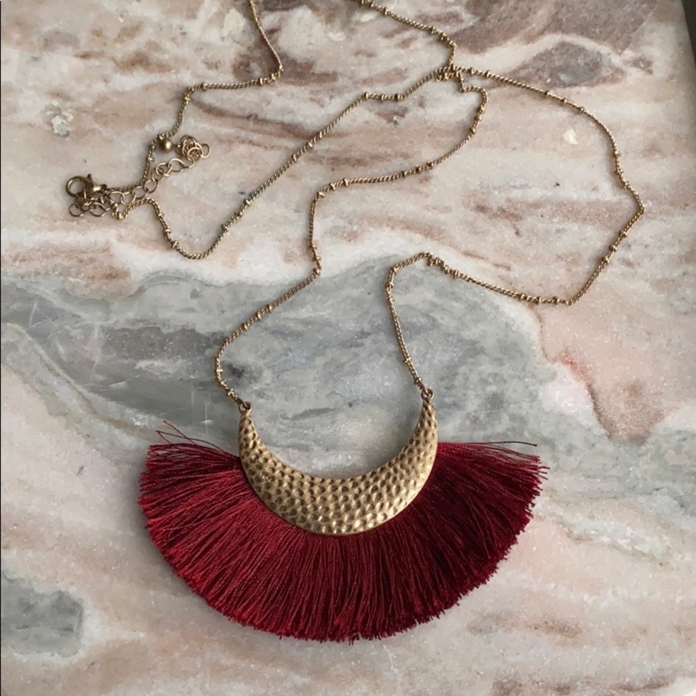 Red Fringe Statement Necklace Textured Gold Boho